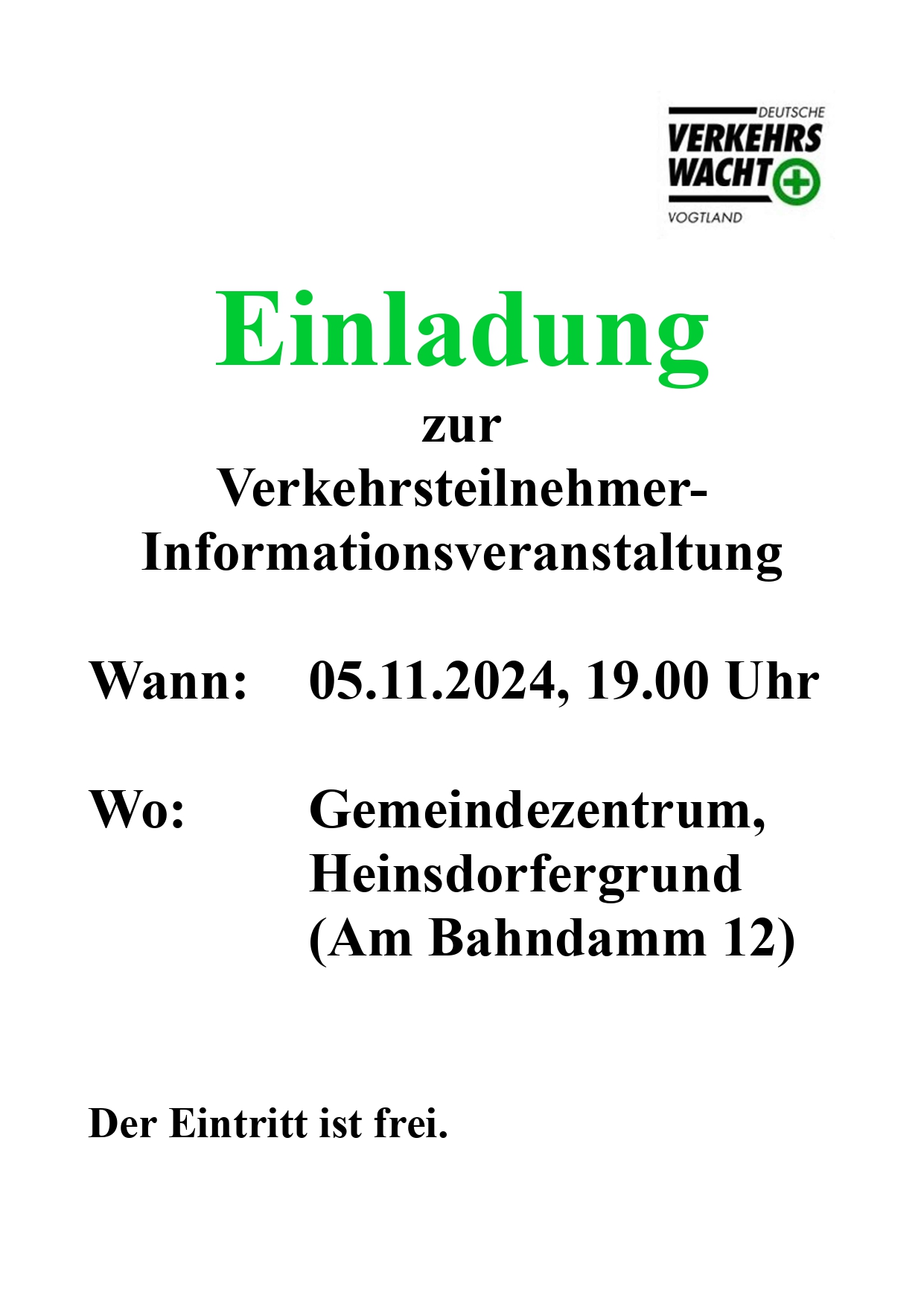 Plakat Einladung Verkehrsteilnehmerschulung am 05.11.2024 um 19:00 Uhr